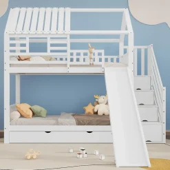 Enfant Fortuna lai Lit superposé avec échelle, toboggan, fenêtres, sécurité, cadre bois, blanc, 90x200cm