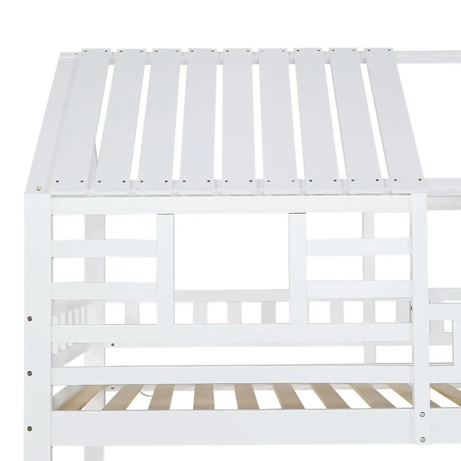 Enfant Fortuna lai Lit superposé avec échelle, toboggan, fenêtres, sécurité, cadre bois, blanc, 90x200cm