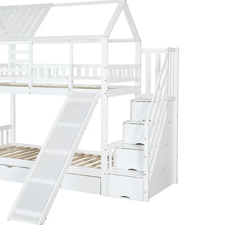 Enfant Fortuna lai Lit superposé avec échelle, toboggan, fenêtres, sécurité, cadre bois, blanc, 90x200cm