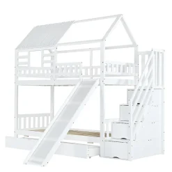 Enfant Fortuna lai Lit superposé avec échelle, toboggan, fenêtres, sécurité, cadre bois, blanc, 90x200cm