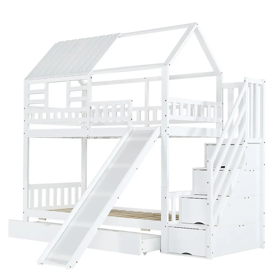 Enfant Fortuna lai Lit superposé avec échelle, toboggan, fenêtres, sécurité, cadre bois, blanc, 90x200cm