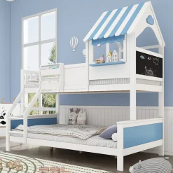 Enfant Simple Life Lit superposé, avec rangement, escalier incliné 3 marches, fenêtre forme unique, tableau graffiti, blanc bleu, 90x200, 120x200cm