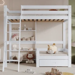 Enfant Simple Life Lit superposé avec étagères et canapé, 1 tiroir, échelle inclinée 5 marches, cadre massif bois blanc, 90x200 cm