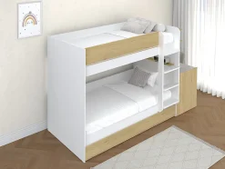 Enfant Vente-unique Lit superposé avec tiroir lit gigogne et 2 bureaux 3 x 90 x 190 cm - Coloris : Blanc et naturel - DOMATI