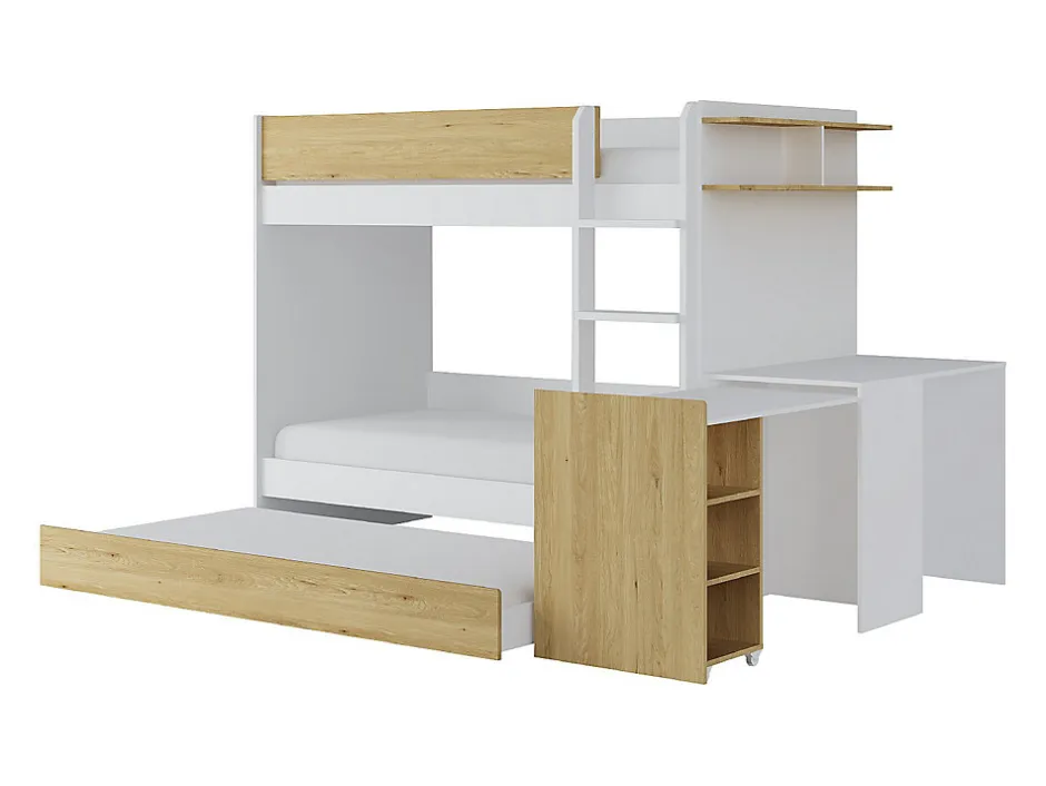 Enfant Vente-unique Lit superposé avec tiroir lit gigogne et 2 bureaux 3 x 90 x 190 cm - Coloris : Blanc et naturel - DOMATI