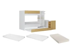 Vente-unique Lit superposé avec tiroir lit gigogne et 2 bureaux 3 x 90 x 190 cm - Coloris : Blanc et naturel + Matelas - DOMATI