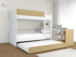 Vente-unique Lit superposé avec tiroir lit gigogne et 2 bureaux 3 x 90 x 190 cm - Coloris : Blanc et naturel + Matelas - DOMATI