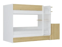 Vente-unique Lit superposé avec tiroir lit gigogne et 2 bureaux 3 x 90 x 190 cm - Coloris : Blanc et naturel + Matelas - DOMATI