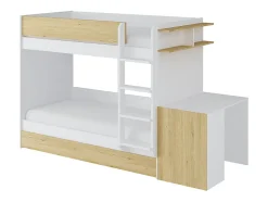 Vente-unique Lit superposé avec tiroir lit gigogne et 2 bureaux 3 x 90 x 190 cm - Coloris : Blanc et naturel + Matelas - DOMATI