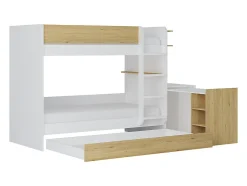 Vente-unique Lit superposé avec tiroir lit gigogne et 2 bureaux 3 x 90 x 190 cm - Coloris : Blanc et naturel + Matelas - DOMATI