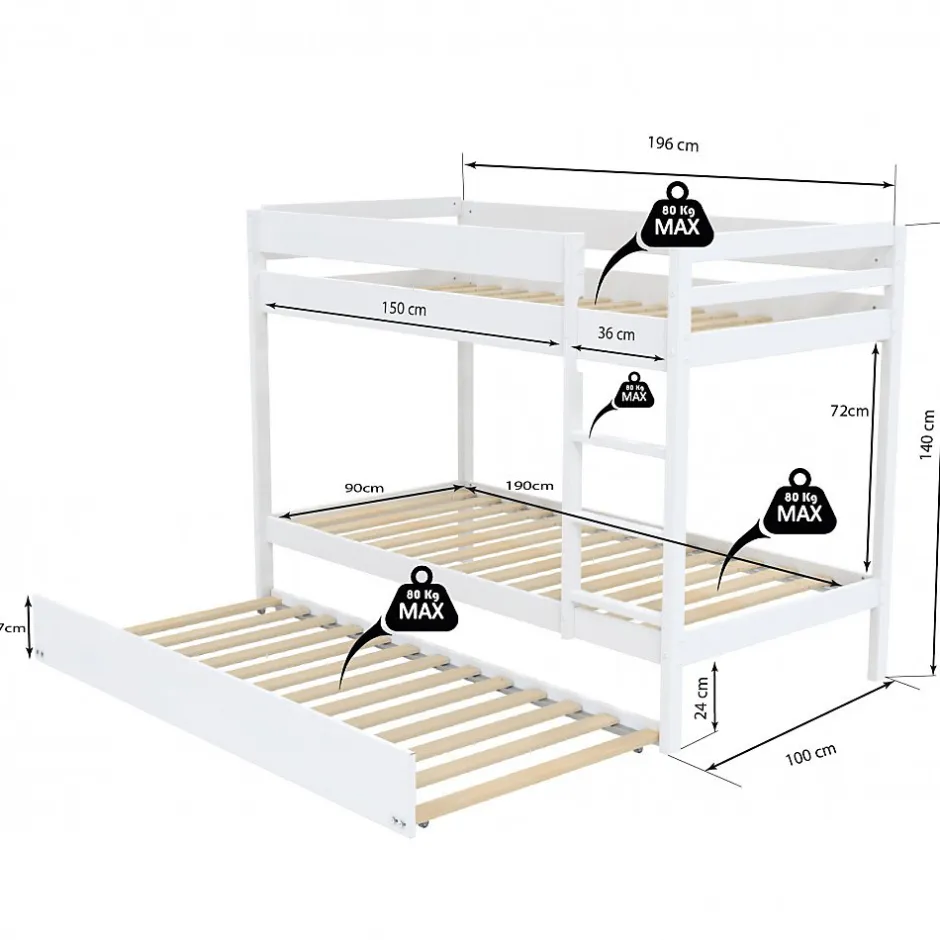 Weber Lit superposé avec tiroir lit - 3 x 90 x 190 cm - Bois Pin massif - Blanc - Sommiers inclus - WALLY Discount