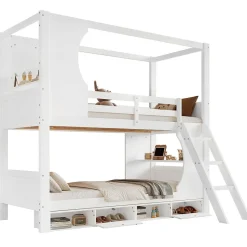 Enfant Redom Lit superposé barrières sécurité bureau intégré meuble chaussures 4 compartiments échelle 3 niveaux pin MDF blanc 90x200