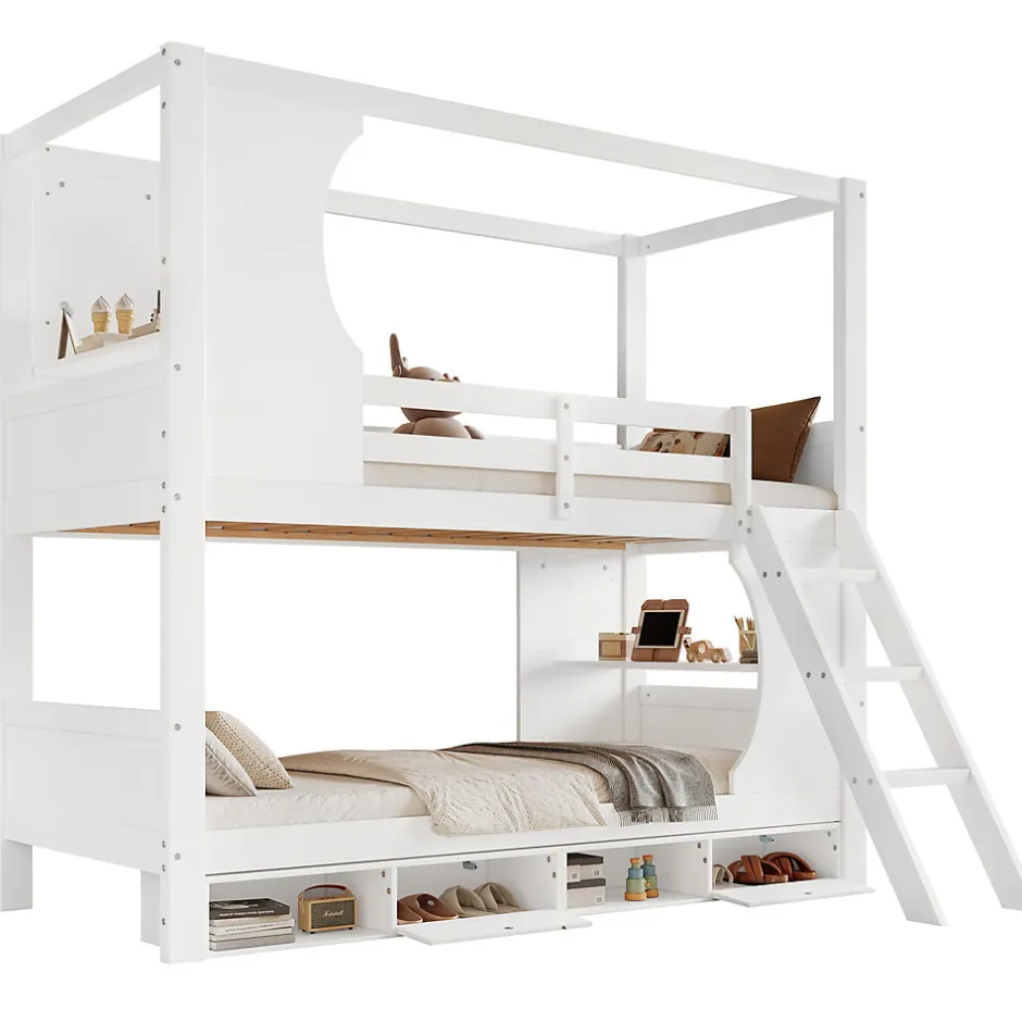 Enfant Redom Lit superposé barrières sécurité bureau intégré meuble chaussures 4 compartiments échelle 3 niveaux pin MDF blanc 90x200