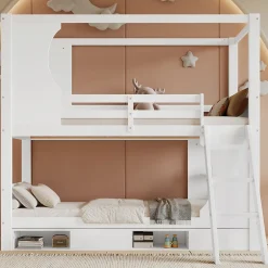 Enfant Redom Lit superposé barrières sécurité bureau intégré meuble chaussures 4 compartiments échelle 3 niveaux pin MDF blanc 90x200