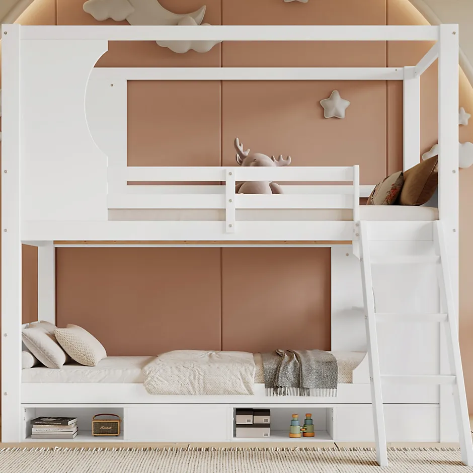 Enfant Redom Lit superposé barrières sécurité bureau intégré meuble chaussures 4 compartiments échelle 3 niveaux pin MDF blanc 90x200