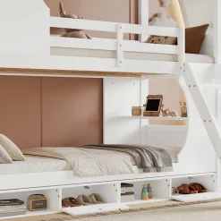 Enfant Redom Lit superposé barrières sécurité bureau intégré meuble chaussures 4 compartiments échelle 3 niveaux pin MDF blanc 90x200