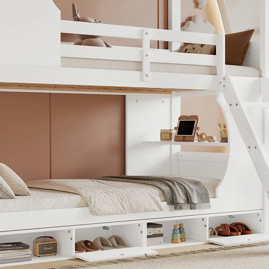 Enfant Redom Lit superposé barrières sécurité bureau intégré meuble chaussures 4 compartiments échelle 3 niveaux pin MDF blanc 90x200