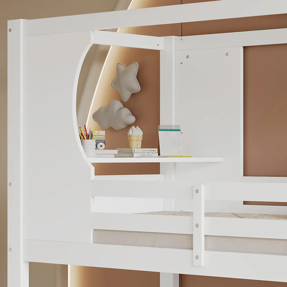 Enfant Redom Lit superposé barrières sécurité bureau intégré meuble chaussures 4 compartiments échelle 3 niveaux pin MDF blanc 90x200