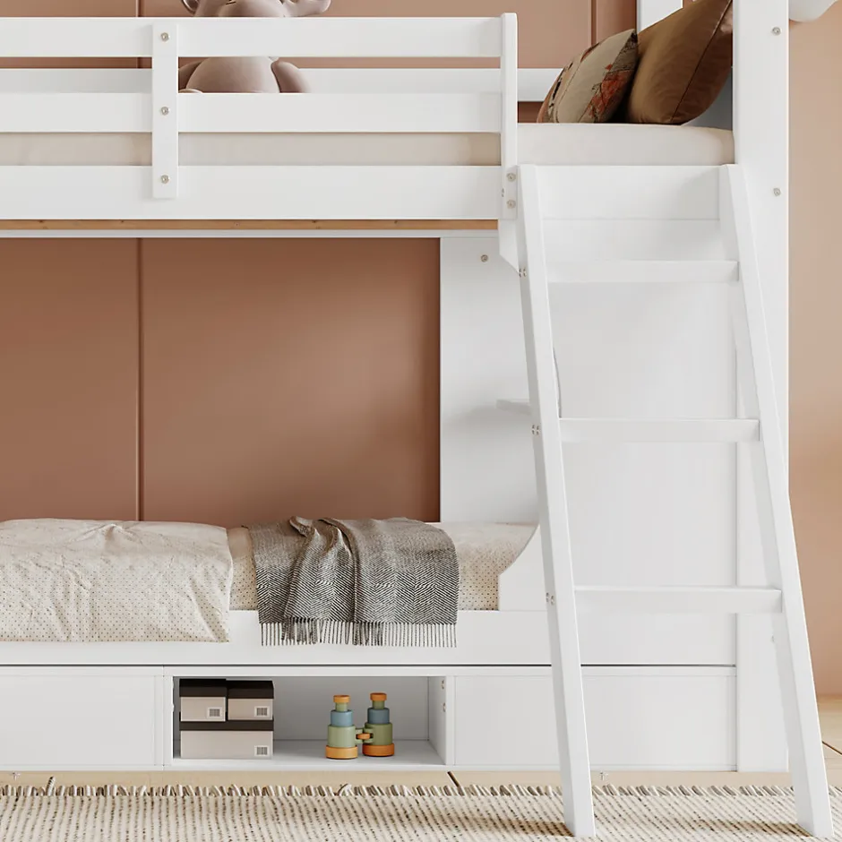 Enfant Redom Lit superposé barrières sécurité bureau intégré meuble chaussures 4 compartiments échelle 3 niveaux pin MDF blanc 90x200
