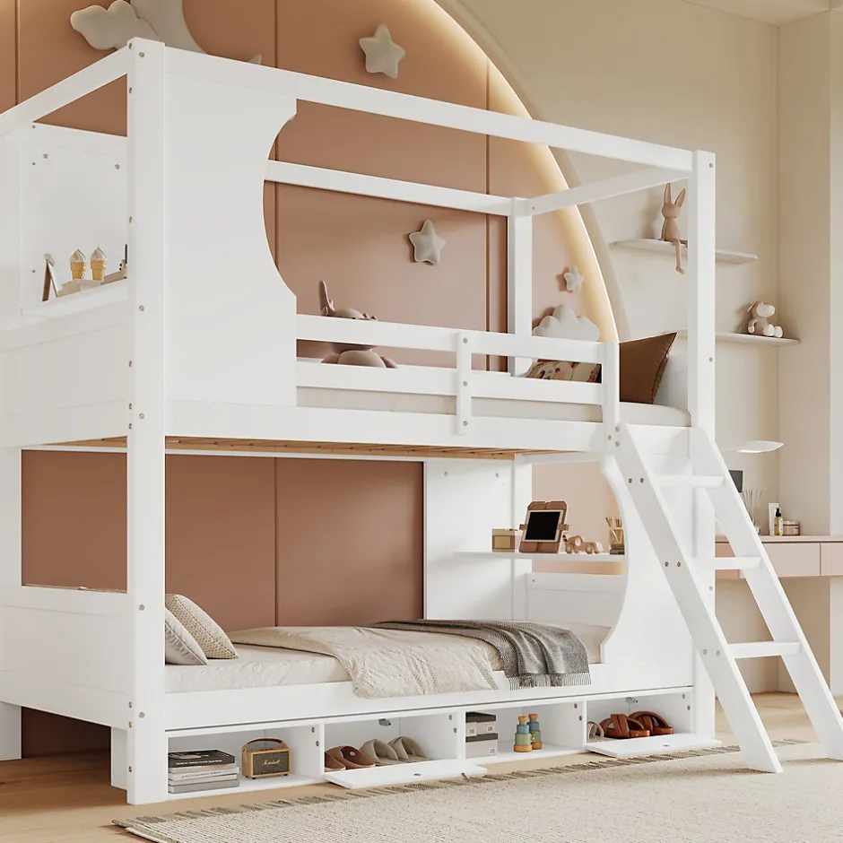 Enfant Redom Lit superposé barrières sécurité bureau intégré meuble chaussures 4 compartiments échelle 3 niveaux pin MDF blanc 90x200