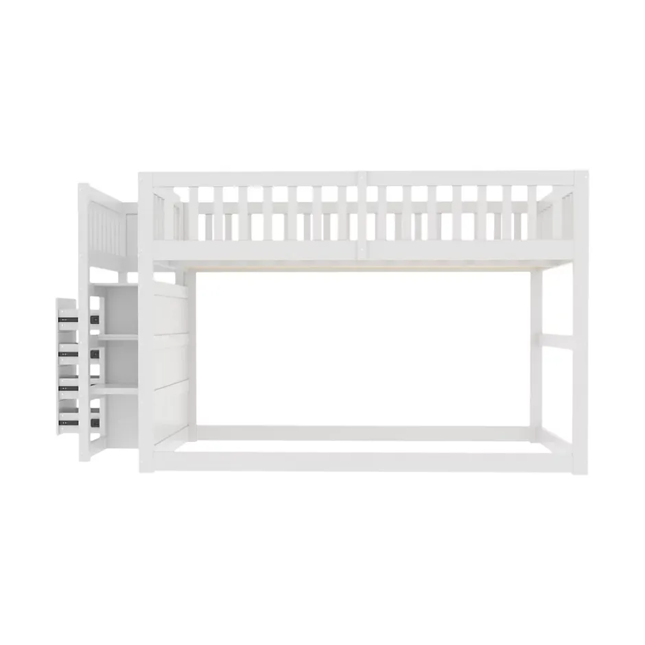 ProximaX Lit superposé bas Lit enfant 140 x 200 cm en bois avec compartiments de rangement ouverts et clôture, blanc Outlet
