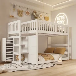 ProximaX Lit superposé bas Lit enfant 140 x 200 cm en bois avec compartiments de rangement ouverts et clôture, blanc Outlet