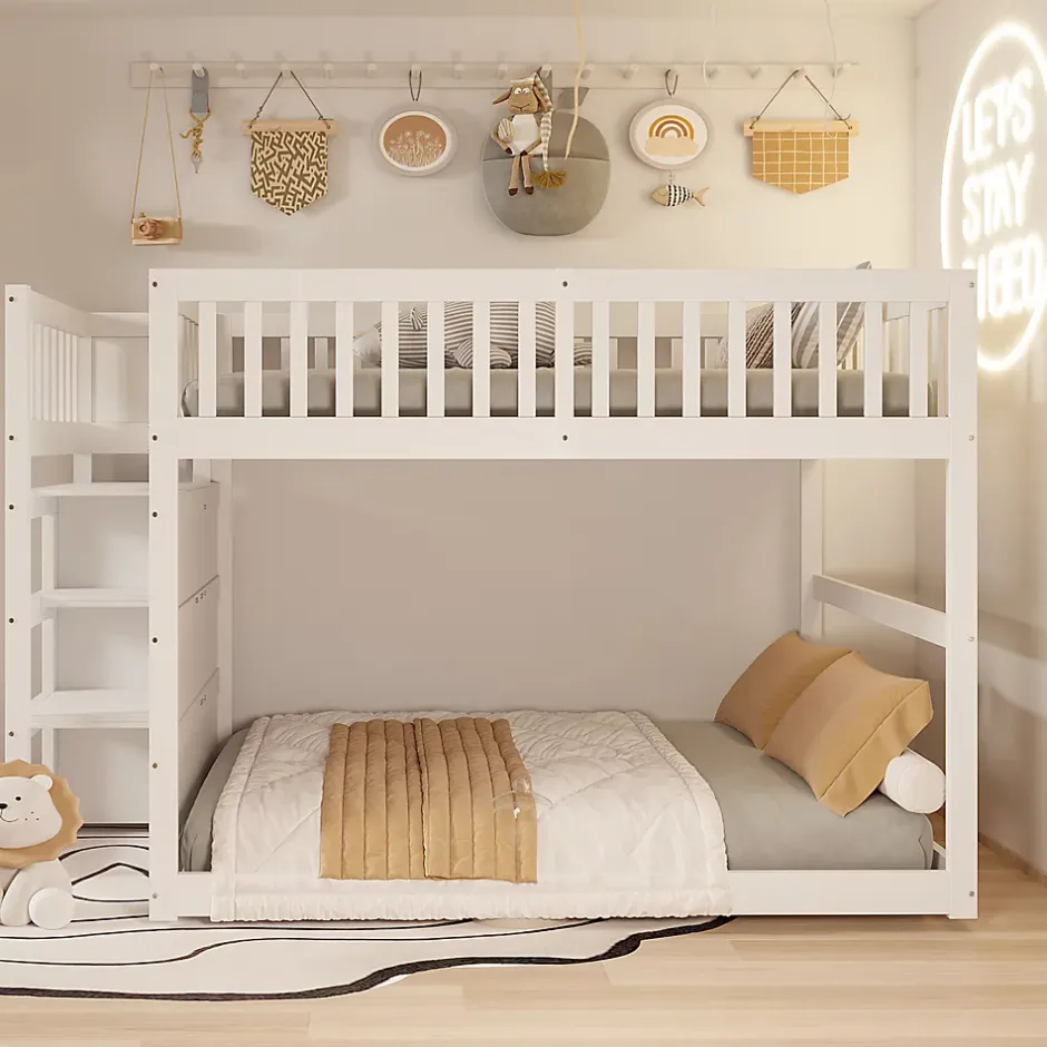 ProximaX Lit superposé bas Lit enfant 140 x 200 cm en bois avec compartiments de rangement ouverts et clôture, blanc Outlet