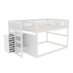 ProximaX Lit superposé bas Lit enfant 140 x 200 cm en bois avec compartiments de rangement ouverts et clôture, blanc Outlet