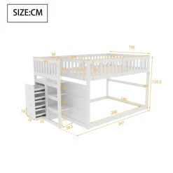 ProximaX Lit superposé bas Lit enfant 140 x 200 cm en bois avec compartiments de rangement ouverts et clôture, blanc Outlet