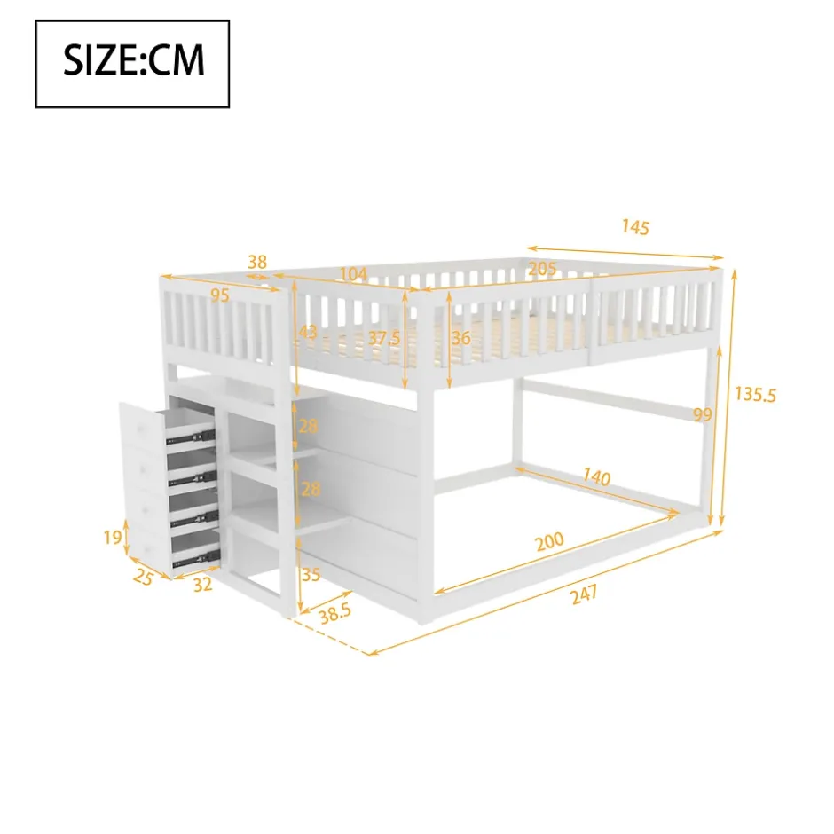 ProximaX Lit superposé bas Lit enfant 140 x 200 cm en bois avec compartiments de rangement ouverts et clôture, blanc Outlet