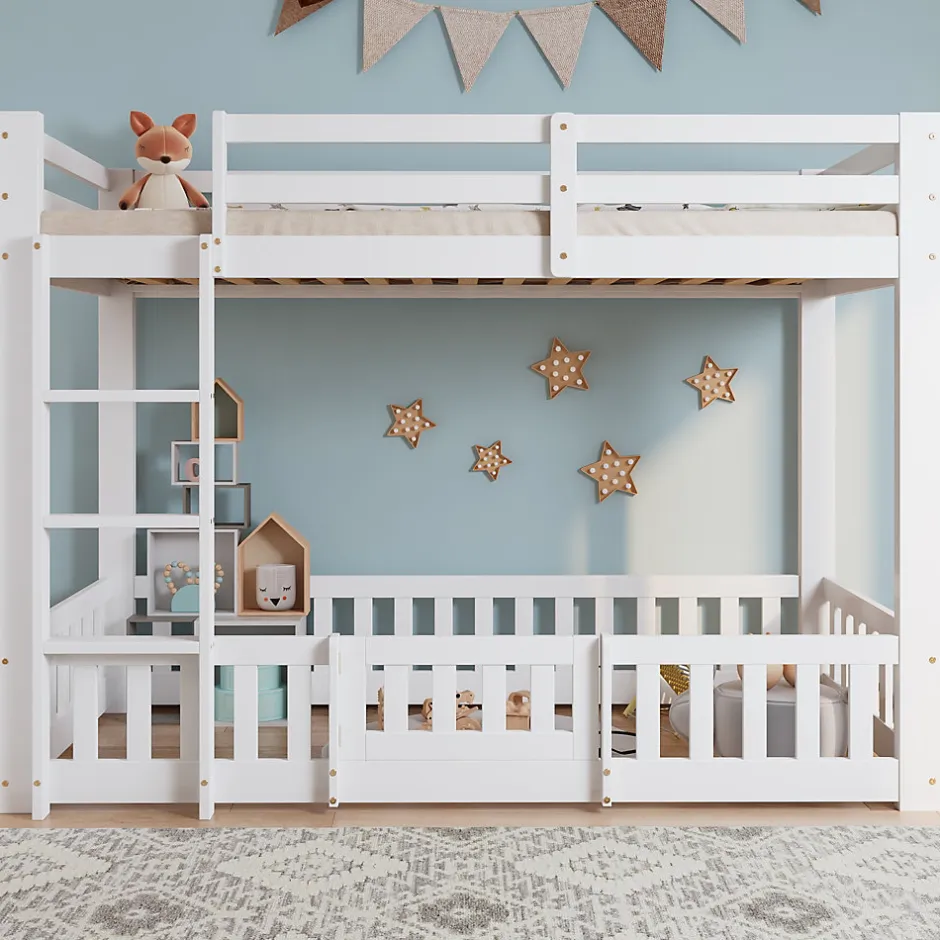 Enfant Redom Lit superposé bois pin LVL escalier droit rambarde porte protection anti-chute espace modulable sous lit blanc 90x200cm