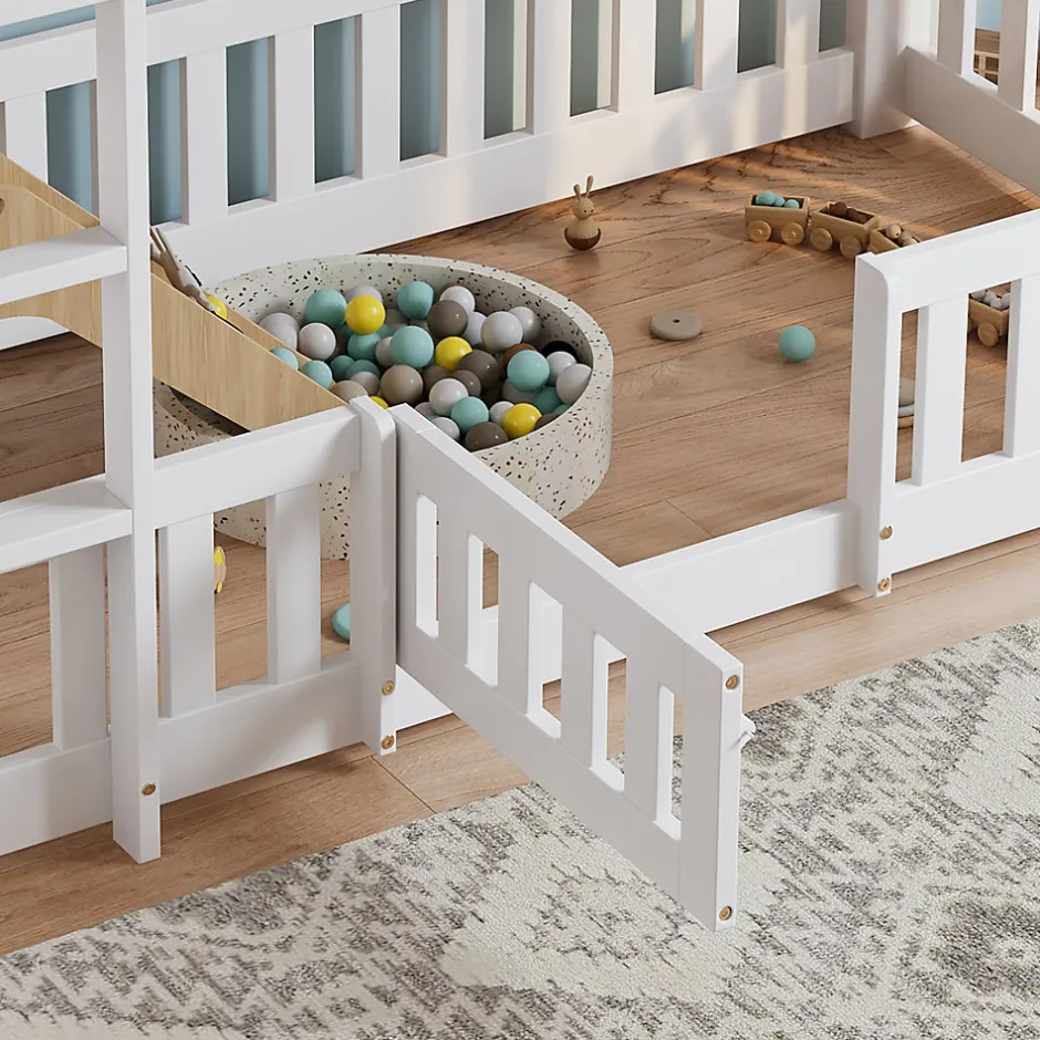 Enfant Redom Lit superposé bois pin LVL escalier droit rambarde porte protection anti-chute espace modulable sous lit blanc 90x200cm