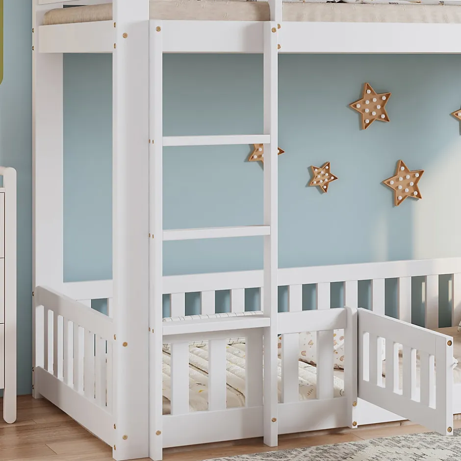Enfant Redom Lit superposé bois pin LVL escalier droit rambarde porte protection anti-chute espace modulable sous lit blanc 90x200cm