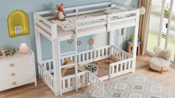 Enfant Redom Lit superposé bois pin LVL escalier droit rambarde porte protection anti-chute espace modulable sous lit blanc 90x200cm