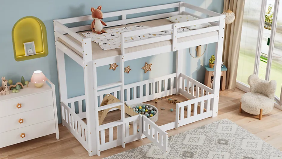 Enfant Redom Lit superposé bois pin LVL escalier droit rambarde porte protection anti-chute espace modulable sous lit blanc 90x200cm