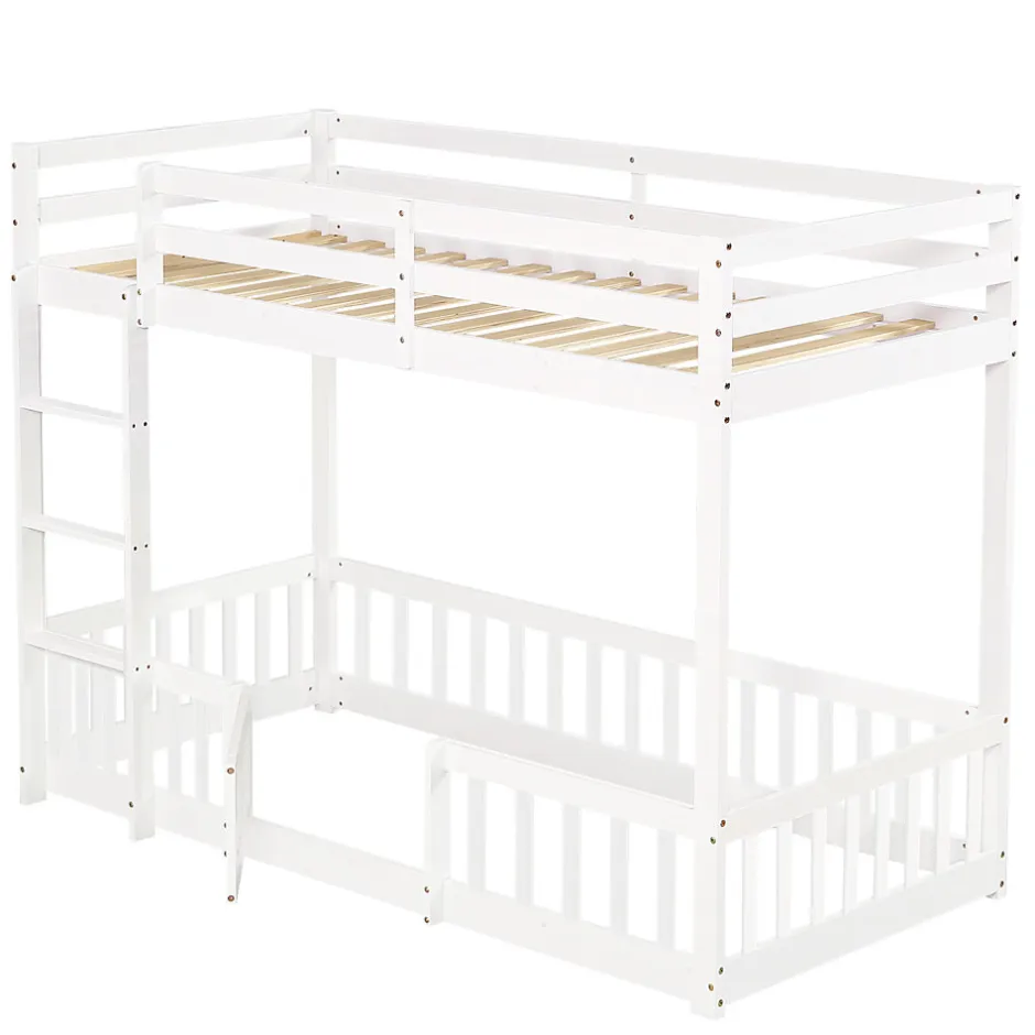 Enfant Redom Lit superposé bois pin LVL escalier droit rambarde porte protection anti-chute espace modulable sous lit blanc 90x200cm