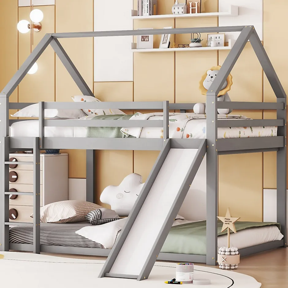 Enfant ProximaX Lit superposé cabane 140x200 cm gris avec toboggan et échelle, design ludique et moderne pour chambre