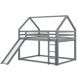 Enfant ProximaX Lit superposé cabane 140x200 cm gris avec toboggan et échelle, design ludique et moderne pour chambre