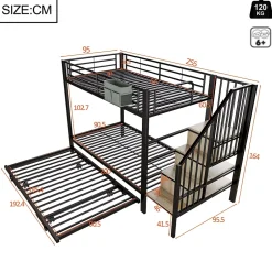 Seyakany Lit superposé en fer 90 x 200 cm et 180 x 200 cm, lit gigogne multifonctionnel, sac en tissu, escaliers de rangement, noir