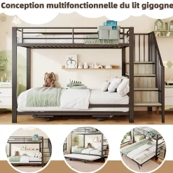 Seyakany Lit superposé en fer 90 x 200 cm et 180 x 200 cm, lit gigogne multifonctionnel, sac en tissu, escaliers de rangement, noir