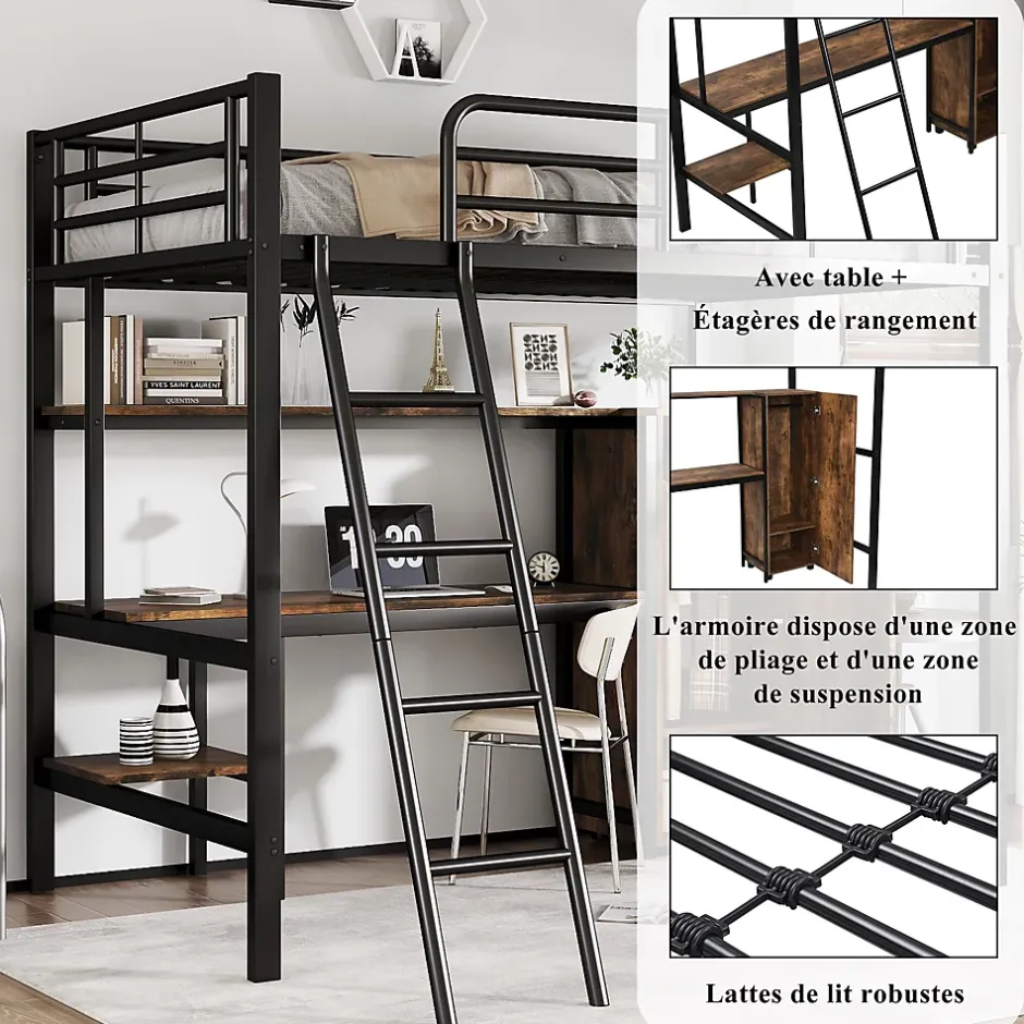 Simple Life Lit superposé en métal avec bureau et armoire, étagères, échelle 4 marches, noir, 90x200cm Best