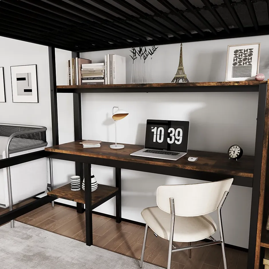 Simple Life Lit superposé en métal avec bureau et armoire, étagères, échelle 4 marches, noir, 90x200cm Best