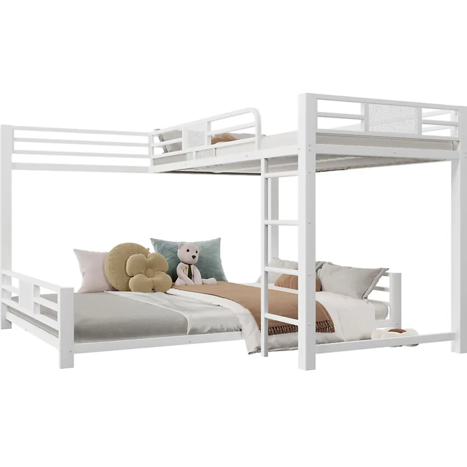 ModernLuxe Lit superposé en métal en forme de L - 90x200cm + 140x200 cm - Barrières de sécurité et échelle - Métal - Blanc (sans matelas) Clearance