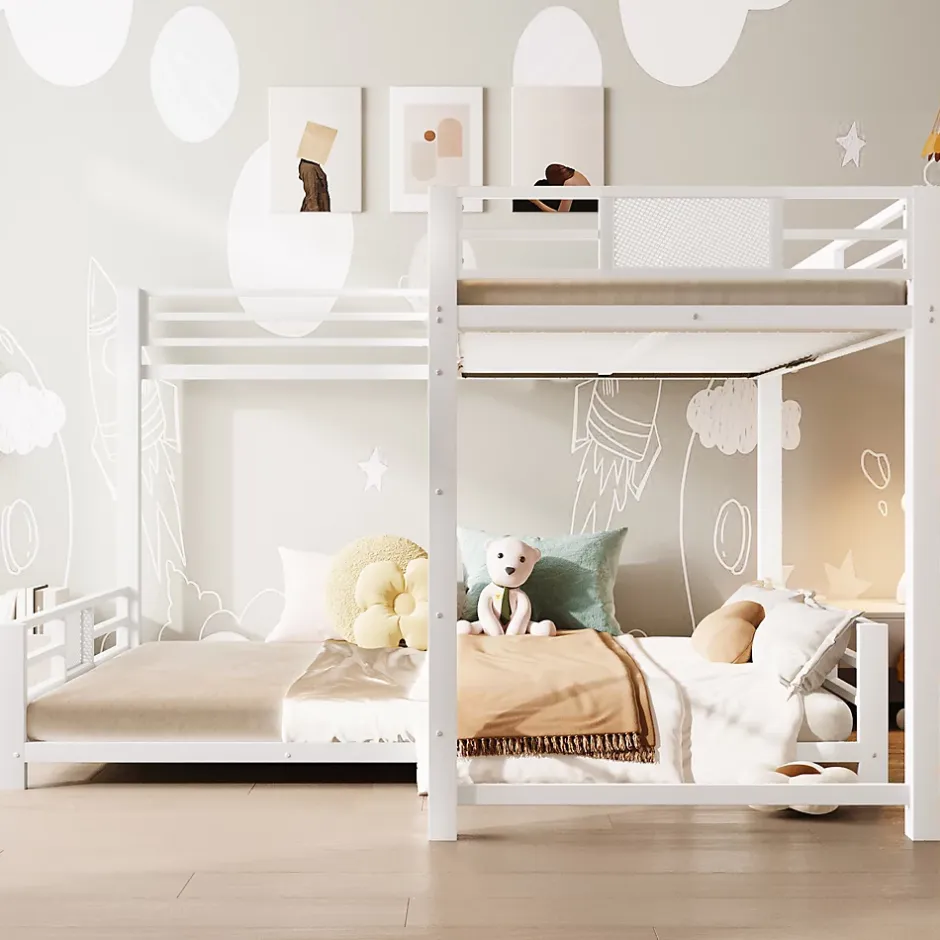 ModernLuxe Lit superposé en métal en forme de L - 90x200cm + 140x200 cm - Barrières de sécurité et échelle - Métal - Blanc (sans matelas) Clearance