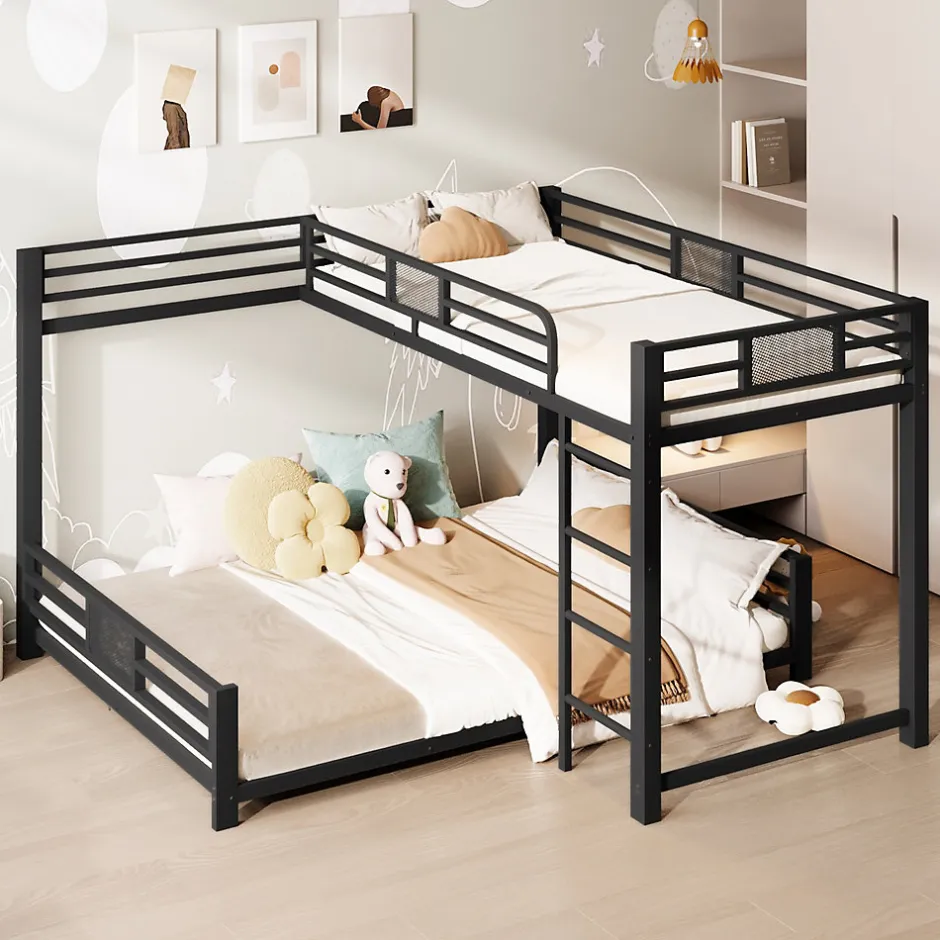 Enfant ModernLuxe Lit superposé en métal en forme de L - 90x200cm + 140x200 cm - Barrières de sécurité et échelle - Métal - Noir (sans matelas)