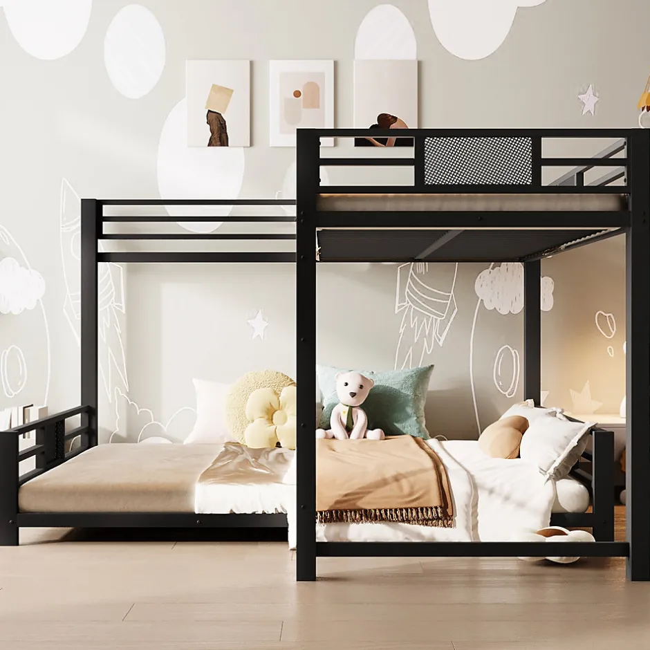 Enfant ModernLuxe Lit superposé en métal en forme de L - 90x200cm + 140x200 cm - Barrières de sécurité et échelle - Métal - Noir (sans matelas)