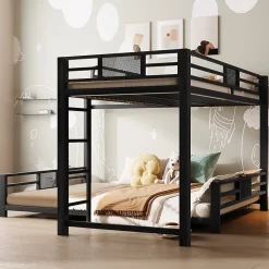 Enfant ModernLuxe Lit superposé en métal en forme de L - 90x200cm + 140x200 cm - Barrières de sécurité et échelle - Métal - Noir (sans matelas)