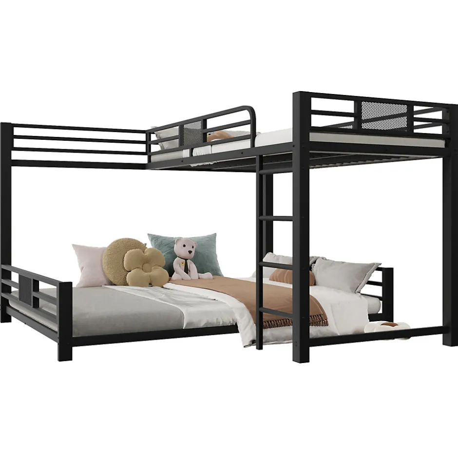 Enfant ModernLuxe Lit superposé en métal en forme de L - 90x200cm + 140x200 cm - Barrières de sécurité et échelle - Métal - Noir (sans matelas)