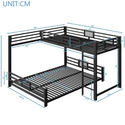Enfant ModernLuxe Lit superposé en métal en forme de L - 90x200cm + 140x200 cm - Barrières de sécurité et échelle - Métal - Noir (sans matelas)