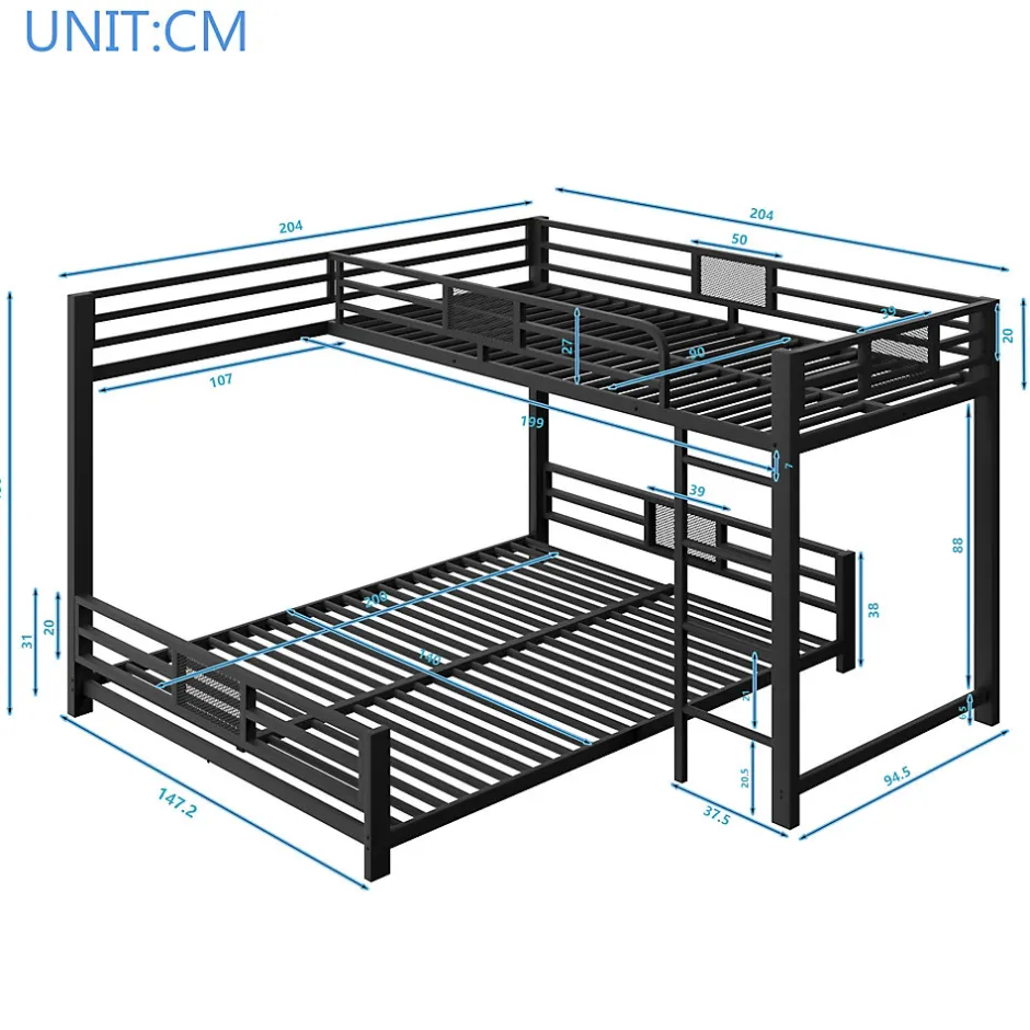 Enfant ModernLuxe Lit superposé en métal en forme de L - 90x200cm + 140x200 cm - Barrières de sécurité et échelle - Métal - Noir (sans matelas)